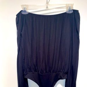 Black Off The Shoulder Long Sleeve Thong Bodysuit